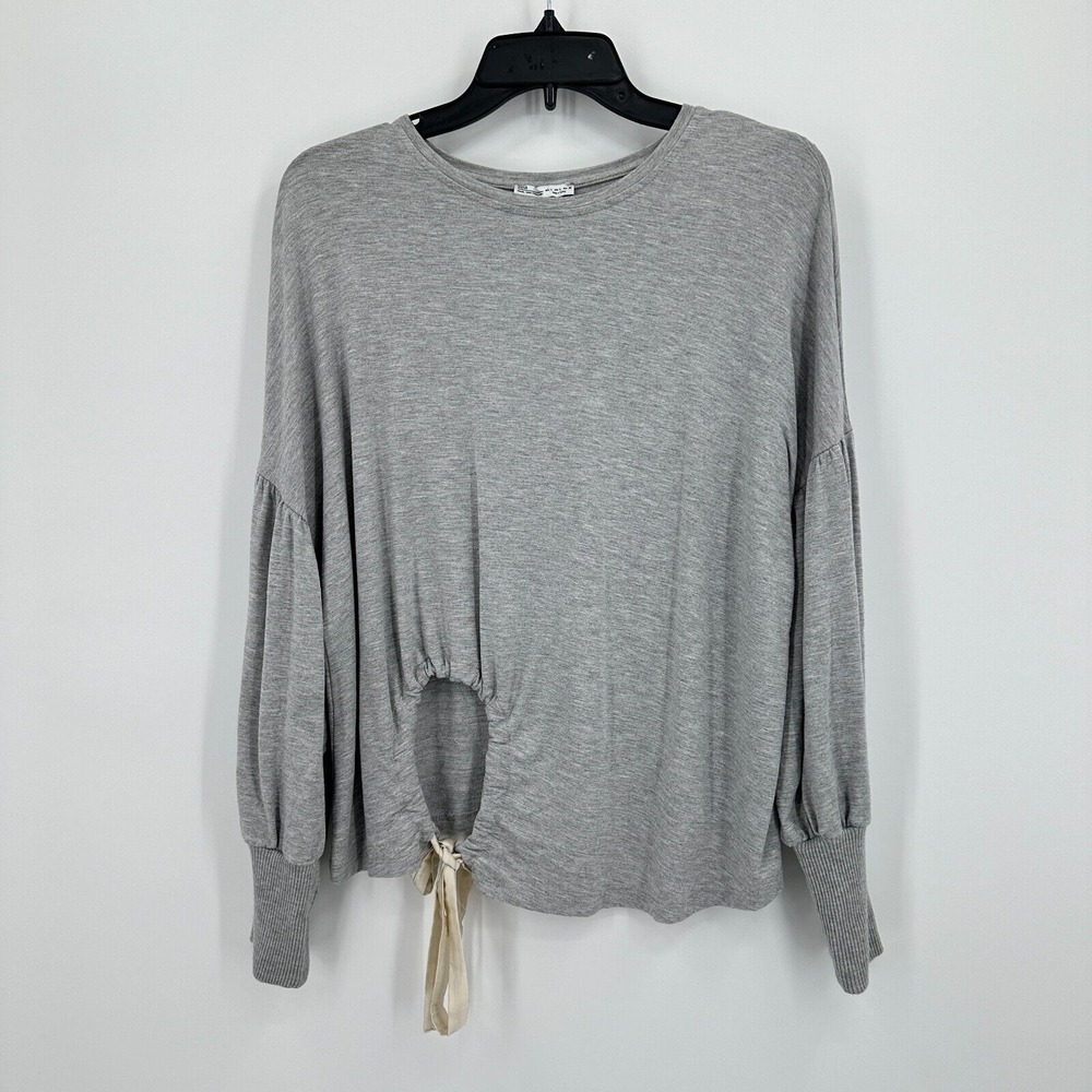 Zara‎ Basic Top Shirt Large Gray Heather Drawstring Waist Bishop Sleeve Key Hole